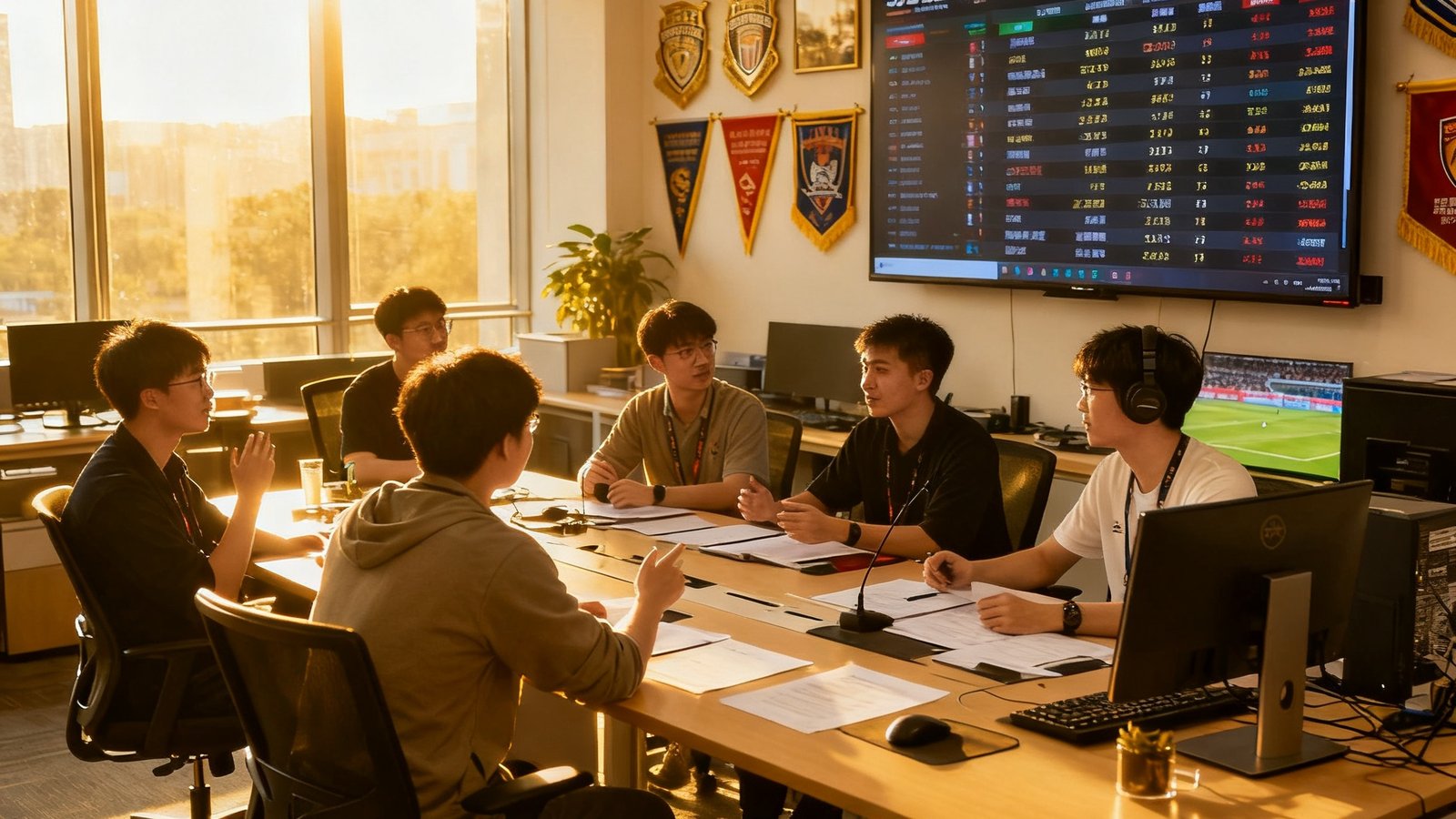 JJB竞技宝编辑团队在开放式办公室围坐在长桌旁热烈讨论选题，背景墙上挂满了历届高校联赛的纪念照片和队旗，一台大型显示屏实时滚动着全国赛事数据，阳光透过落地窗洒进室内