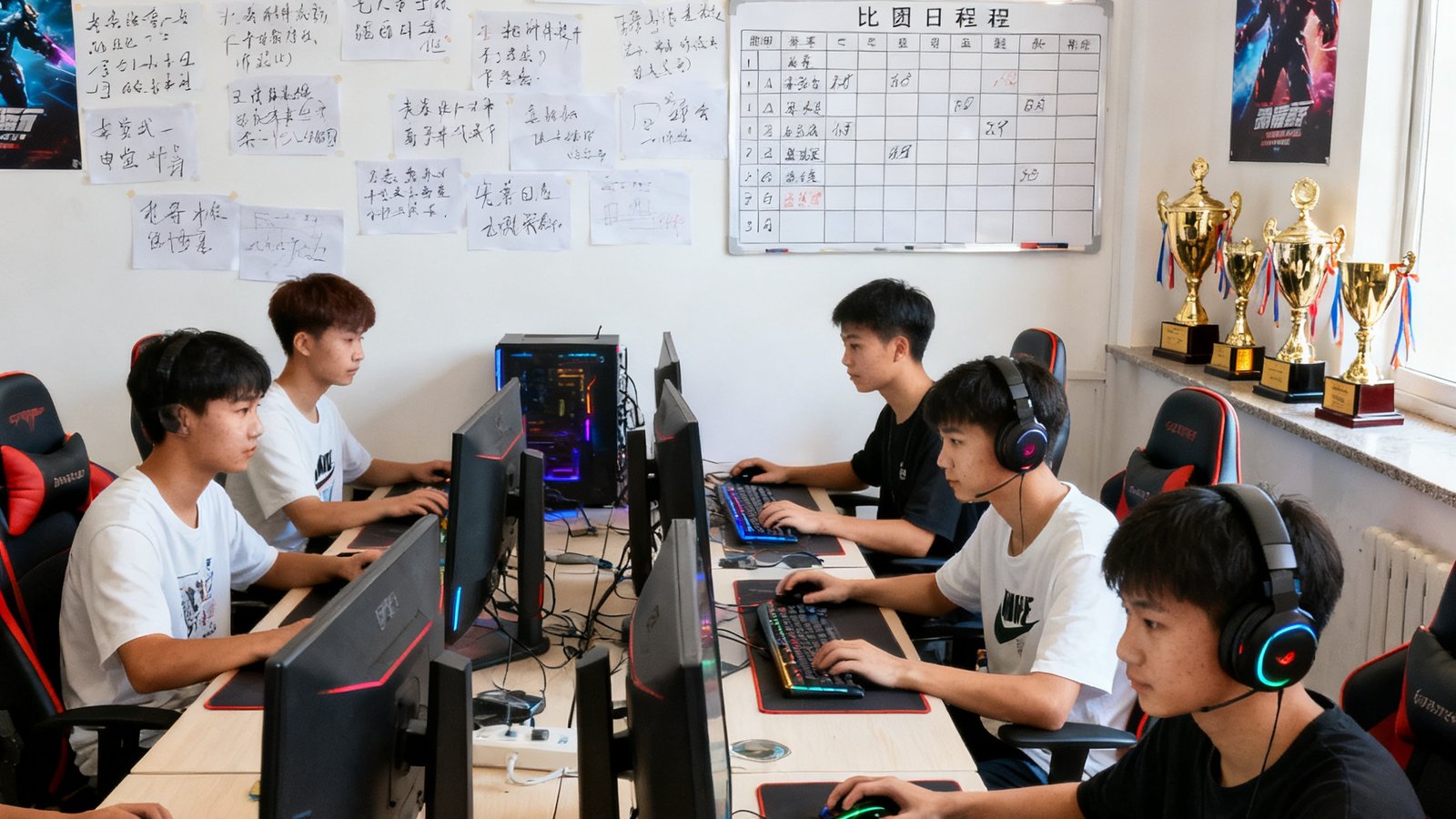 一间明亮的高校电竞活动室里，六名社团成员正专注地进行训练赛，墙壁上贴满了手写的战术笔记和比赛日程表，角落里摆放着社团获得的奖杯
