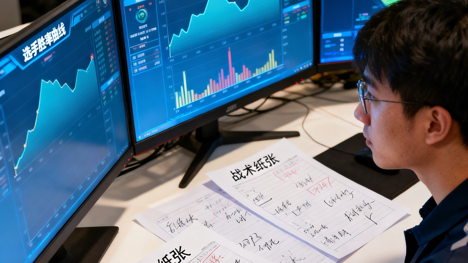 JJB数据团队的分析师坐在三块显示器前监控实时赛事数据，屏幕上展示着选手胜率曲线、经济差变化图和热区分布图，桌面上散落着标注过的战术纸张
