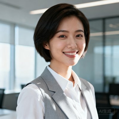 一位留着干练短发的年轻女性自信地看向镜头微笑，身穿白色衬衫外搭浅灰色西装马甲，背景是现代化办公空间，阳光从侧面打在她脸上形成柔和的轮廓光